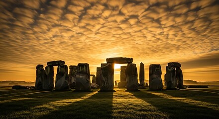 Stonehenge stands silhouetted against a vibrant sunset, a timeless monument