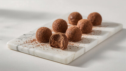 Photo of delicious chocolate truffles dusted with cocoa powder arranged on a white marble board, perfect for a gourmet dessert