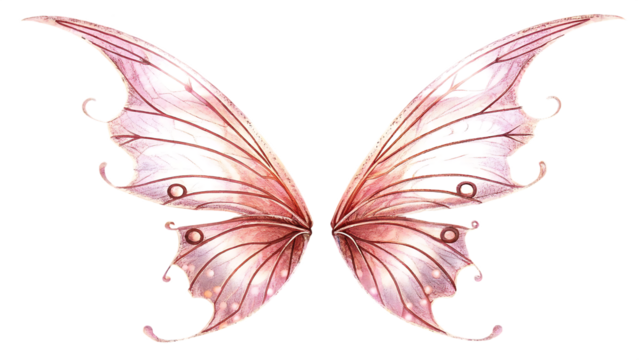 Delicate pink fairy wings isolated on a transparent background