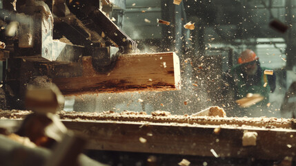Wood processing with flying sawdust and shavings. Industrial machinery actively transforms timber.
