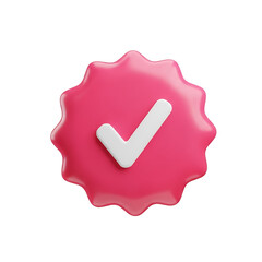 Pink verified badge with a white check mark isolated on white background