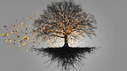 Elegant vector design of a leafless autumn tree with exposed roots and scattered brown leaves on a gray background, a symbolic representation of seasonal change and nature’s transformation. - Powered by Adobe