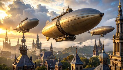 Massive golden airships flying low over ornate city rooftops at sunset, symbolizing grand voyages, alternate history worlds, and the romance of the skies