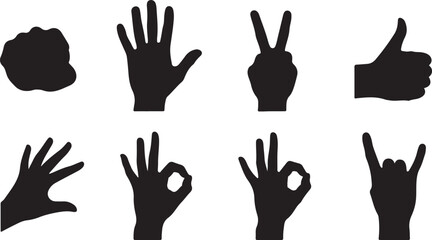 Obraz premium Vector art of collection of diverse hand gestures and signs, including a fist, open palm, peace sign, ok sign, and rock on symbol, isolated on a white background