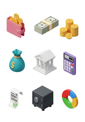 Isometric financial icons isolated on white background, representing money and banking