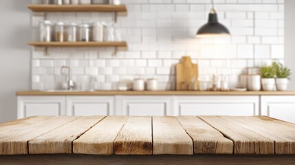 Obraz premium Rustic wooden table in a bright kitchen with white subway tile backsplash and hanging lamp