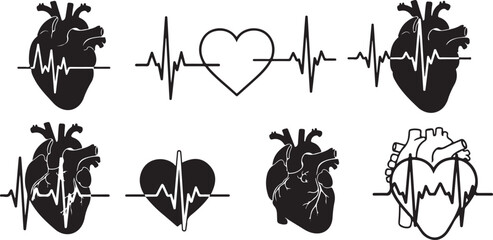 Vector art of collection of stylized black heart and heartbeat ekg line graphics, representing cardiac health, pulse, and medical care, isolated on a white background