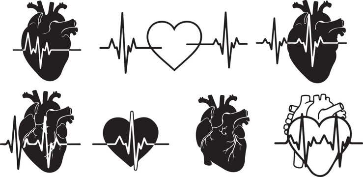 Vector art of collection of stylized black heart and heartbeat ekg line graphics, representing cardiac health, pulse, and medical care, isolated on a white background