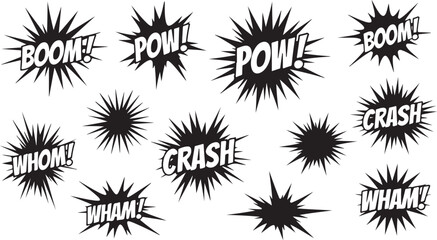 Vector art of collection of comic book sound effect words like boom, pow, wham, crash, and whom, isolated on white background