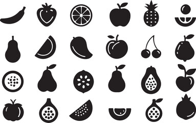 Collection of Simple Black Fruit Icons:  Modern, Minimalist Vector Graphics for Web and Print Design.