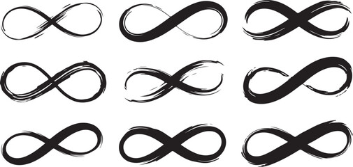Vector art of collection of nine handdrawn infinity symbols in black ink with a brushstroke effect, isolated on a white background, representing concepts of eternity and endlessness