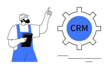Worker in helmet holding tablet gestures toward gear labeled CRM, symbolizing efficient customer relationship management. Ideal for workflow optimization, technology, automation, database