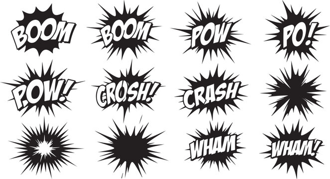 Vector art of collection of comic book style sound effect words like boom, pow, crash, and wham, isolated on a white background