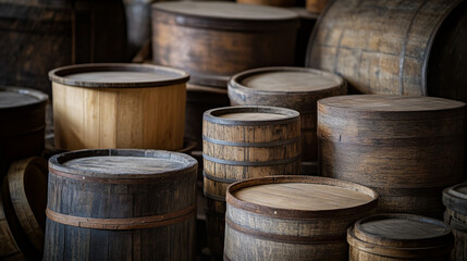 Rows of wooden barrels and casks in various sizes and finishes fill this rustic cellar. The warm light highlights the textured wood and metal bands of these vintage containers.