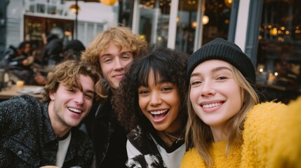 Group of diverse Gen Z friends laughing and taking a selfie at a cafe