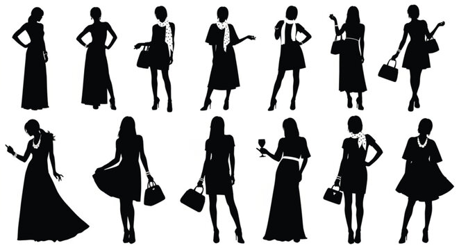 Vector art of collection of elegant female silhouettes in various fashionable dresses and poses, holding handbags and accessories, isolated on a white background