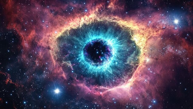 Cosmic eye nebula. Colorful, swirling nebula resembling an eye in deep space