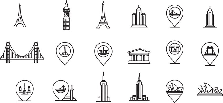Vector art of collection of famous world landmarks and travel icons, including the eiffel tower, big ben, golden gate bridge, empire state building, and sydney opera house, isolated on white backgroun