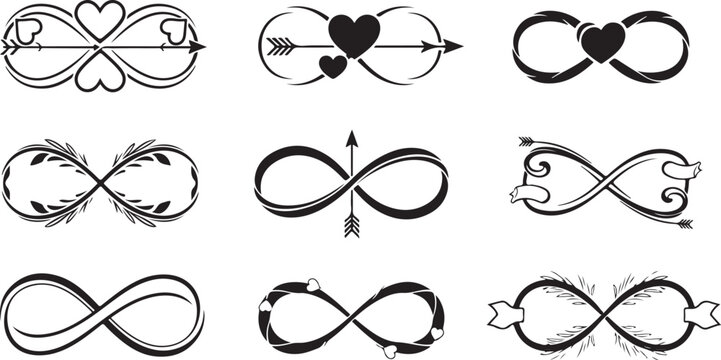 Vector art of collection of diverse infinity symbol designs with hearts, arrows, and floral elements, isolated on a white background