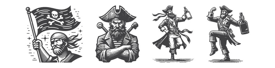 Vintage Hand-Drawn Pirate Waving Flag Illustration, Nautical Character Engraved Vector for Adventure and T-Shirt Design