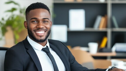 Fototapeta premium Confident African American Businessman Smiling in Office, success, leadership
