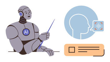 AI robot with pointer explaining voice recognition technology, speech detection, and data communication. Ideal for technology, education, automation, machine learning, innovation, communication