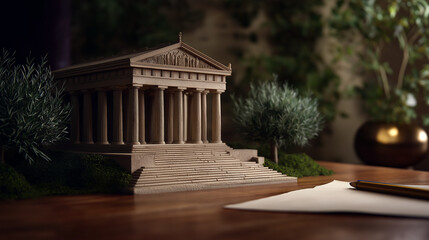 Obraz premium Closeup of paper model of ancient temple with marble columns and olive trees