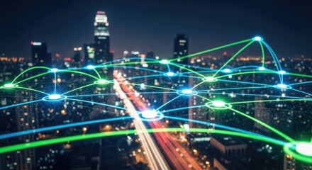 Abstract digital network overlaying a city skyline at night, symbolizing technology, data connections, and futuristic urban development