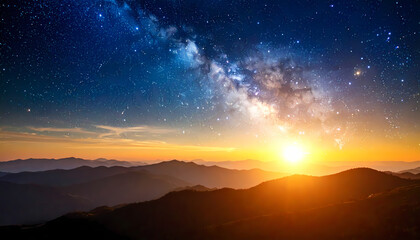 Fototapeta premium Milky way sunrise mountain range