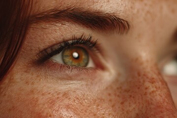 Fototapeta premium Close-up view of a person's eye reveals detailed textures, warm colors, and facial freckles, showcasing individual beauty in a calm indoor setting Generative AI