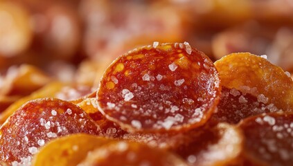 Close-up of seasoned pizza pepperoni chips