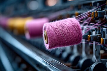 Spools of vibrant pink and yellow thread are seen on a textile production line, showcasing the busy atmosphere and craftsmanship involved in fabric creation Generative AI