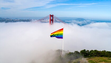 Naklejka premium Rainbow flag waving above a bridge shrouded in mist.