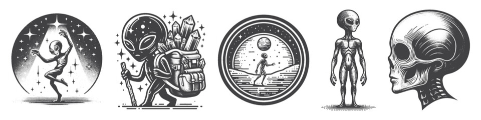 Vintage Hand-Drawn Alien Dancing Illustration, Space Creature Engraved Vector for Sci-Fi and T-Shirt Design