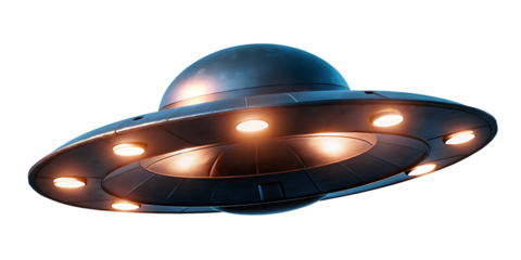 Flying saucer with glowing lights isolated on a transparent background