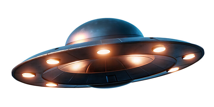 Flying saucer with glowing lights isolated on a transparent background