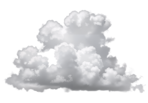 This image presents a soft, realistic depiction of a cumulus-like cloud floating against a clean white background. With its voluminous, billowy structure and delicate gradients of white and light gray