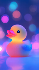 Glowing rubber duck in vibrant neon light. Playful toy with colorful bokeh background.