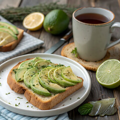 Healthy and fresh green tea with lemon and a gourmet avocado sandwich on a plate