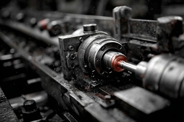 Close-up view of industrial machinery focusing on intricate components and tools used in metalworking. The scene captures a workshop filled with activity and craftsmanship Generative AI