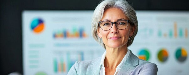 Confident Mature Businesswoman with Analytics Chart, leadership ,data