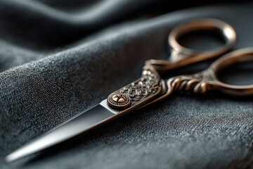 Antique scissors display intricate detailing on their handles while positioned on a textured dark fabric, showcasing their vintage charm and quality Generative AI