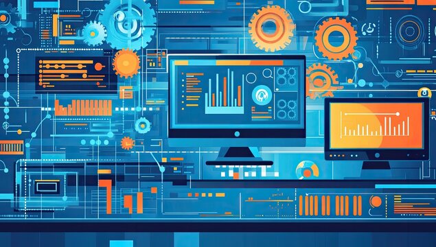Digital workspace with multiple monitors, gears, and data visualizations.  Abstract technical illustration