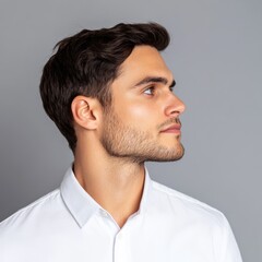 Obraz premium Contemplative Man Profile Portrait in White Shirt, hairstyle, portrait