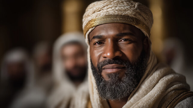 King Solomon&rsquo;s golden throne room shines as he, a wise Middle Eastern ruler with olive skin, receives foreign envoys bearing gifts in a grand audience.biblical story․.