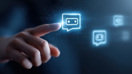 Chatbot Icon Activation with Finger on Glowing Speech Bubble Symbol