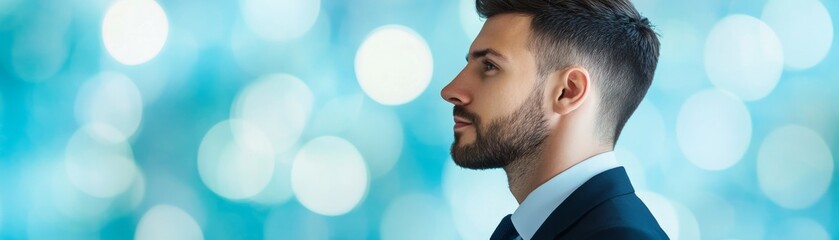 Fototapeta premium Elegant Profile Bearded Man in Suit on Bokeh Backdrop ,Business ,Leadership