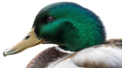 Ultra-realistic photograph of a mallard duck standing on a natural surface, detailed feathers with sharp texture and rich colors, PNG