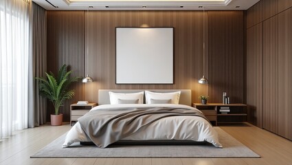 Modern bedroom interior with wooden wall panels.