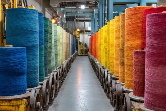 Vibrant spools of thread line the aisles of a textile factory. Workers can be seen in the background, engaged in various production activities during a bustling workday Generative AI - Powered by Adobe